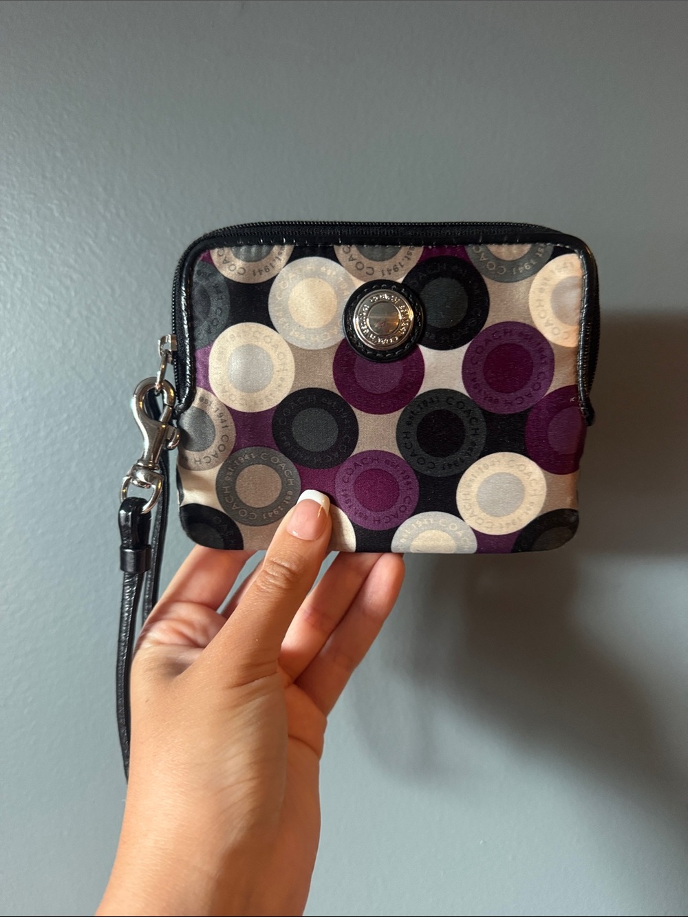 Coach Purple Black and Cream Circle Print Wristlet